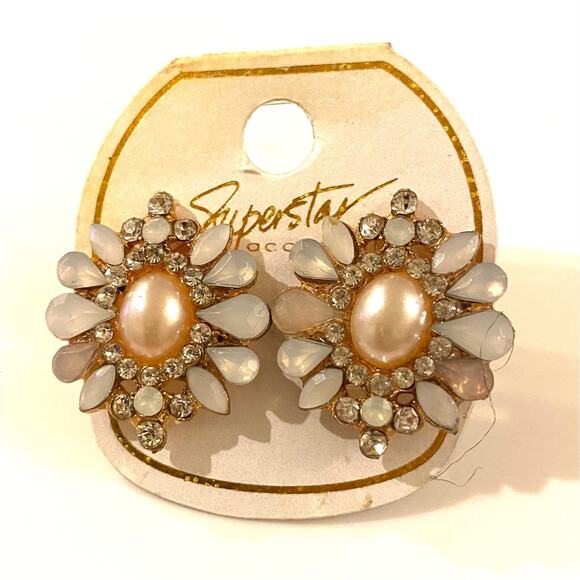 Pearl and Rhinestone Clip On Earrings - Picture 1 of 2